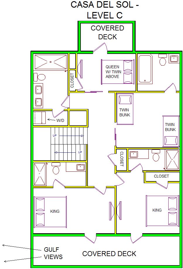 A level C layout view of Sand 'N Sea's beachside with gulf view house vacation rental in Galveston named Casa Del Sol